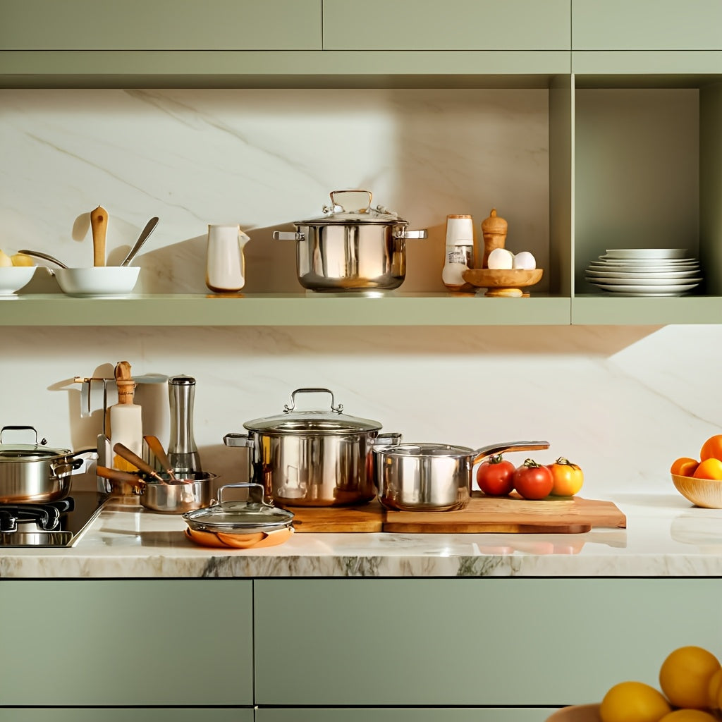 Upgrade your kitchen with the Pure-Cook 3-piece Stainless Steel Cookware Set, featuring glass lids and a mirror finish. This set is food safe and includes a sauce pan and stock pot suitable for induction, electric, and gas stoves. Dishwasher safe for