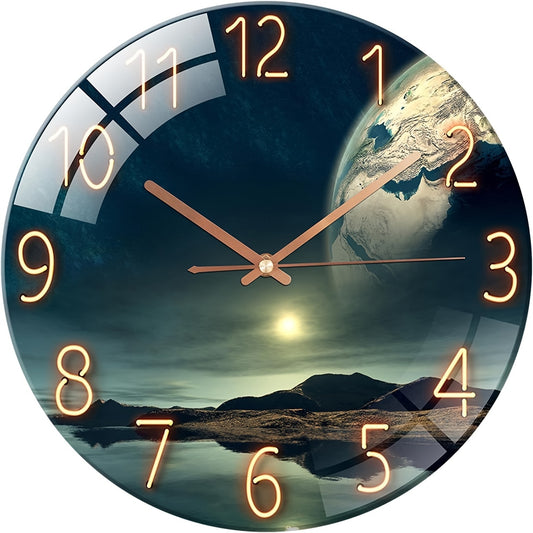 12" Silent Glass Wall Clock featuring Earth Landscape Design- Battery operated, Great for Living Room & Bedroom Decor, Ideal Gift for Holidays and Birthdays.