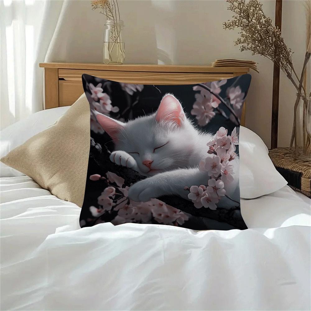 White Cat and Cherry Blossoms Cushion Cover - 1 piece, 45.01cm, Machine Washable with Zip Closure - Perfect Decorative Pillow Case for Sofa, Living Room, and Bedroom. Ideal for Summer and Fall Decor (Cushion Not Included)