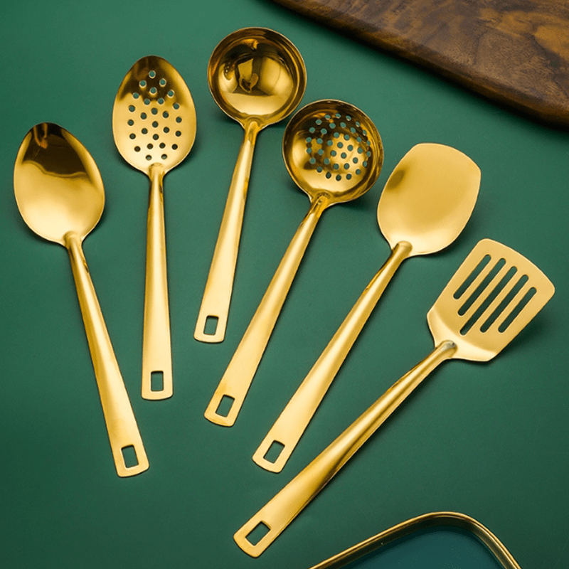 Gold-Plated Stainless Steel 6-piece Kitchen Utensil Set with Soup Spoon, Colander, Frying Shovel and More - Essential for Home Chefs