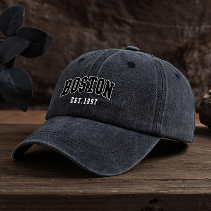 Boston Est. 1997 Unisex Fashion Baseball Cap with Adjustable Curved Brim made of Woven Textile Material, Easy Care, machine washable/dry clean.