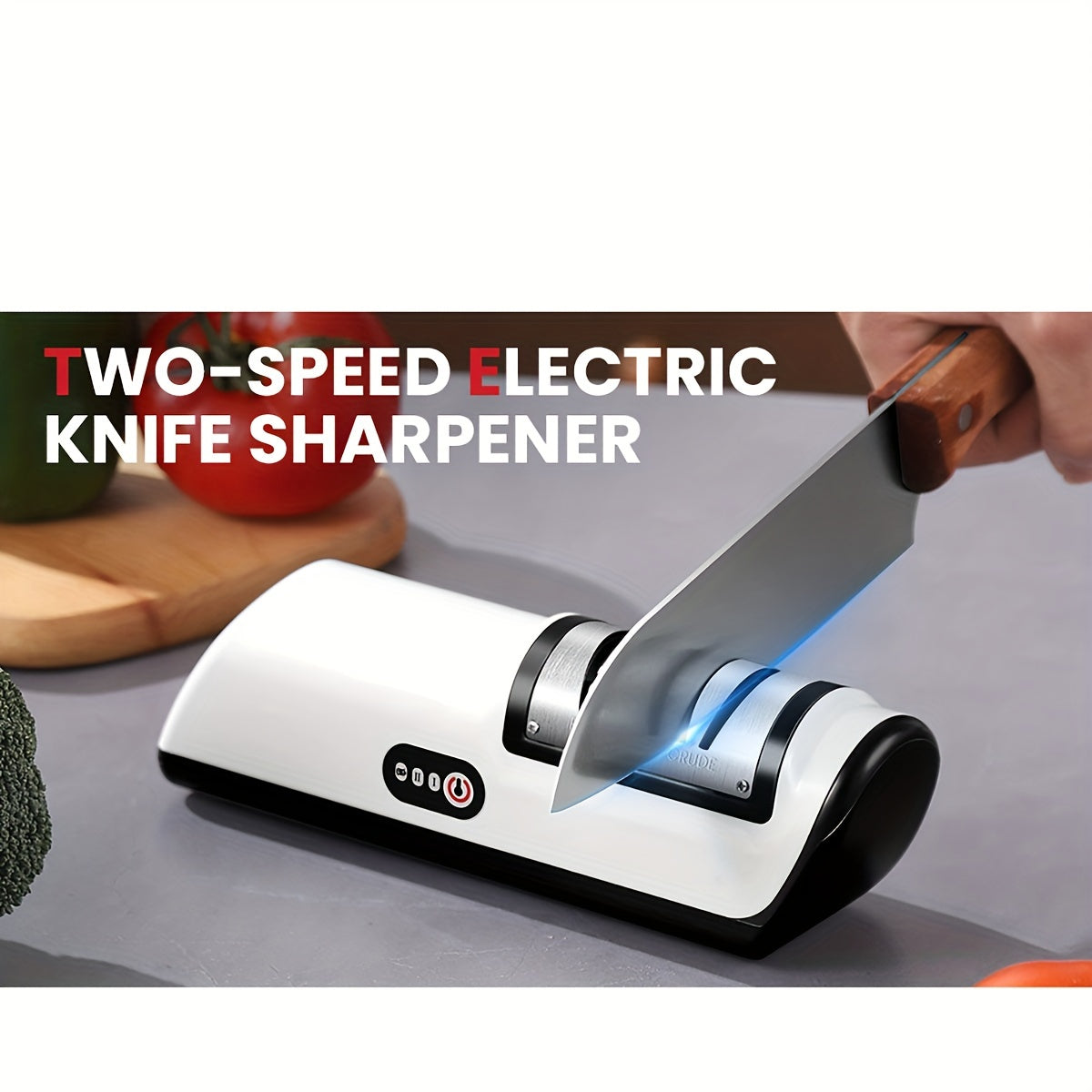 The Multifunctional Kitchen Gadget is a USB Rechargeable Electric Knife Sharpener that features 2 speeds and a built-in lithium battery. This gadget includes an automatic sharpening stone for quick blade edge restoration. Made of durable plastic