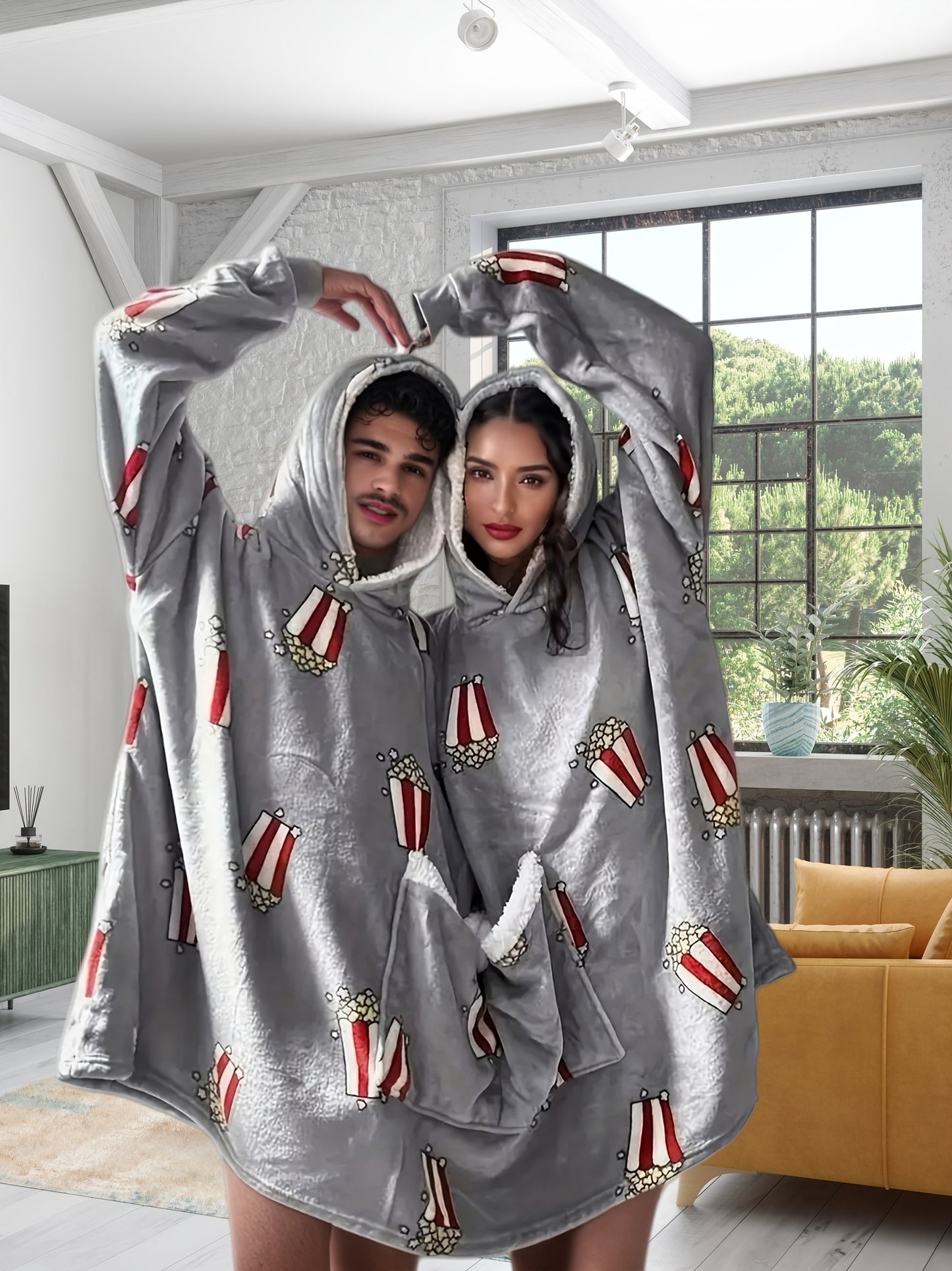 Gray popcorn novelty couple hooded sweatshirt for home sleepwear.