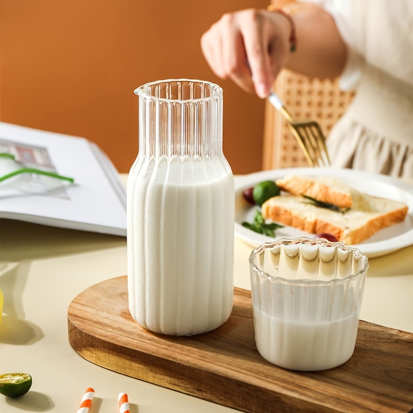 Elegant Glass Drinkware Set: Includes Transparent Water Bottle, Juice Pitcher, and Glass Straws - Perfect for Lemonade, Tea, Milk, and More! Great for Home, Office, School, Dorms, and Camping.