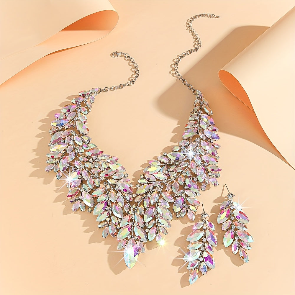 Luxurious wedding jewelry set crafted with fine materials and adorned with shimmering artificial crystals. This exquisite 3-piece set includes a necklace and earrings, perfect for weddings and special events. A timeless gift for any occasion, making it