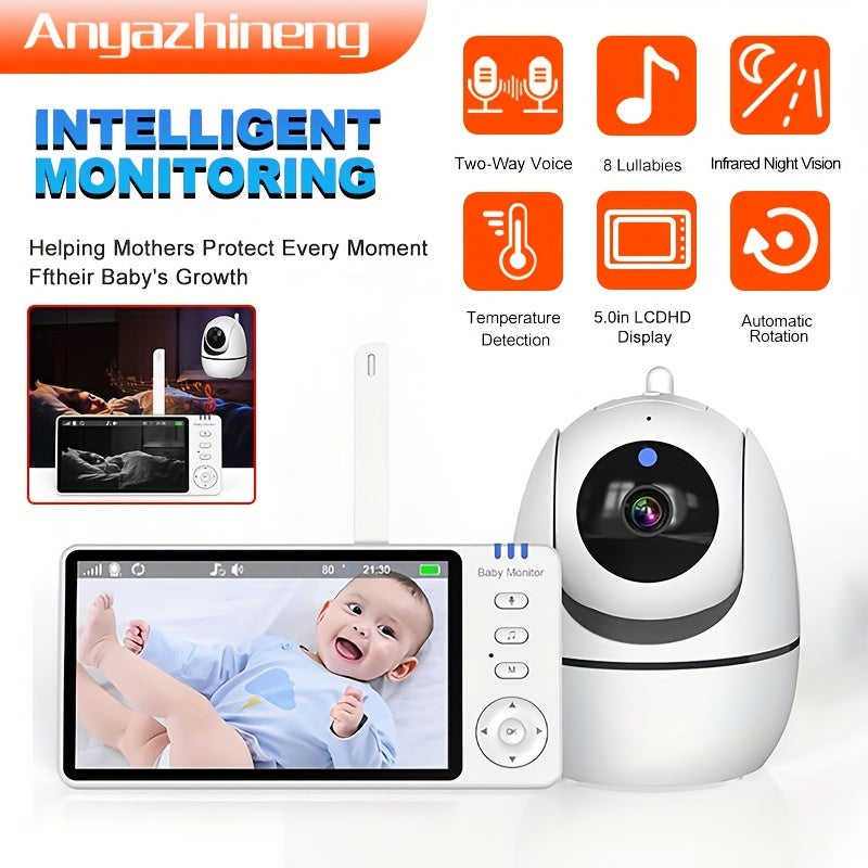 Anyazhineng Smart Monitor features a 5-inch display, Two-Way Audio, Temperature Display, Feeding Timer, and Lullaby Music. This monitor is USB powered and WiFi enabled.