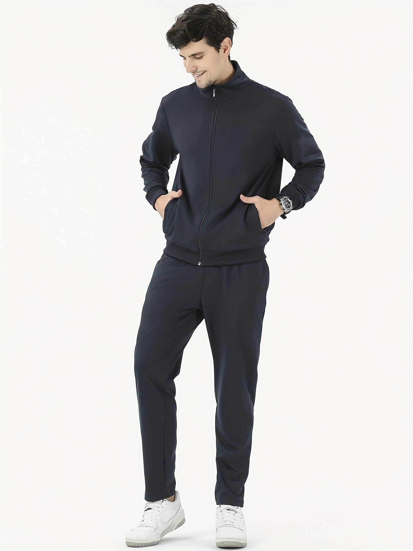 Men's 2-piece outfit with stand collar jacket and drawstring sweatpants for casual wear in spring and autumn.