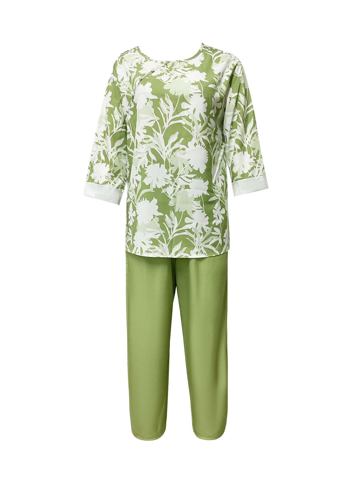 2-piece floral print outfit with crew neck top and elastic waist pants for women.