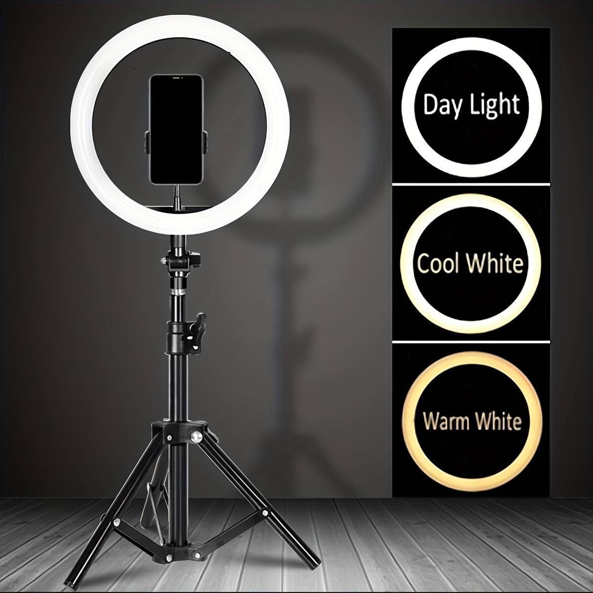 Selfie ring fill light pack with tripod stand and circular lamp for video shooting, studio photo, makeup, meetings, group selfies, and live streaming.