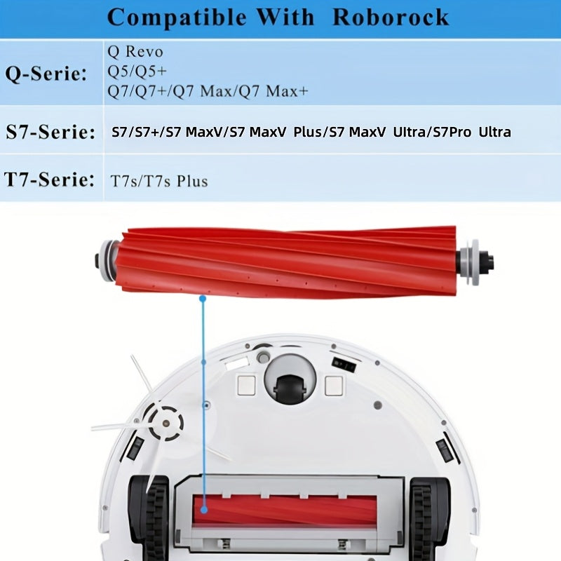 Durable plastic replacement main brushes compatible with various Roborock robotic vacuum cleaners, including S7, S7+, S7 MaxV, S7 MaxV Plus, T7S, T7S Plus, Q7, Q7+, Q7 Max, and Q7 Max+. This 3-pack is the perfect floor attachment accessory for