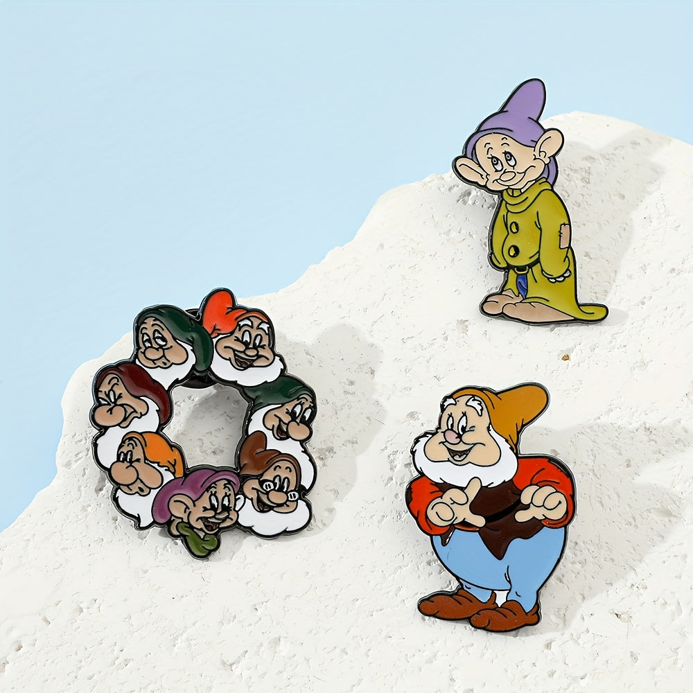 Three Disney Seven Dwarfs Enamel Pins featuring adorable cartoon characters, made from Zinc Alloy. These metal badges are perfect for adding a touch of whimsy to clothing and backpacks. They make an ideal Christmas gift or party accessory, suitable for