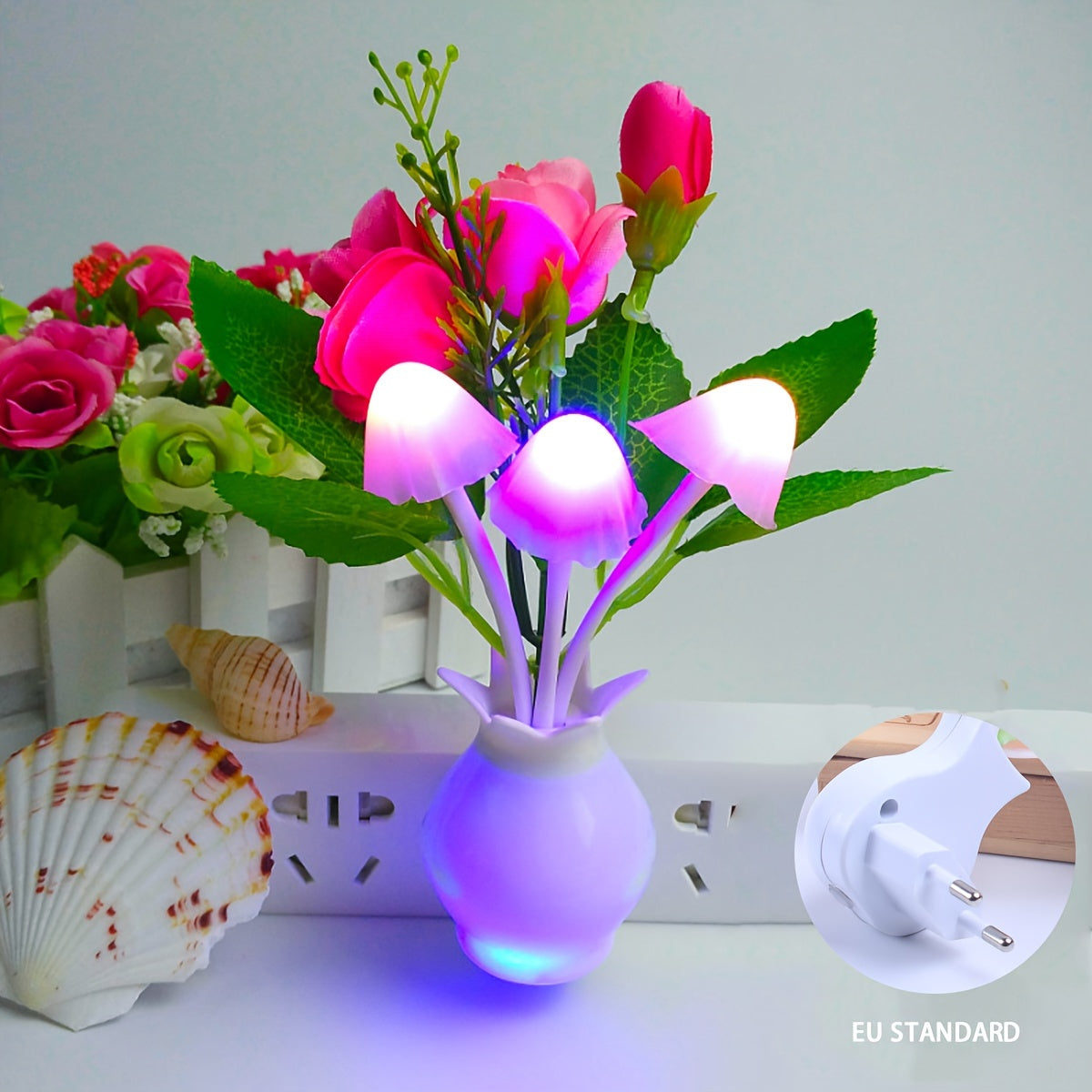 Walleaf LED Mushroom Night Light features a Dusk to Dawn Sensor for gentle ambient lighting. Perfect for wall decor, this soft and non-glaring light is easily plug-in with European Standard.