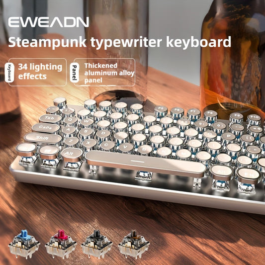 EWEADN Steampunk Typewriter Keyboard - 104-Key Mechanical Gaming & Office Board with LED Backlit, Blue/Red Switches, and All-Metal Panel, USB Wired for Windows Laptop PC, White.