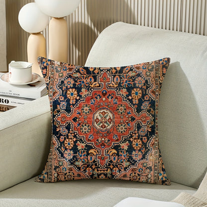 4 Boho Pillow Covers, 45.72x45.72 cm, Orange Red Ethnic Design, Outdoor Square Linen Cushion Covers for Home Sofa Bed Couch (No Pillow Core)