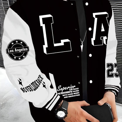 Men's LA Baseball Jacket in red and black with white lettering, "SUPERIOR QUALITY" embroidery. Made of lightweight and warm polyester with pockets, featuring a hip hop rock style.