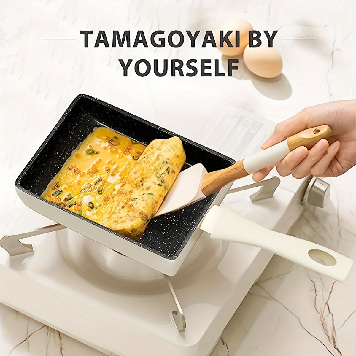 Nonstick Square Egg Pan for Japanese Tamagoyaki Omelette, 13.46cm x 18.29cm, Granite Stone Cookware with PFOA-Free Coating, Dishwasher Safe Aluminum Pan with Silicone Handle for Induction & Smooth Surface Stoves.