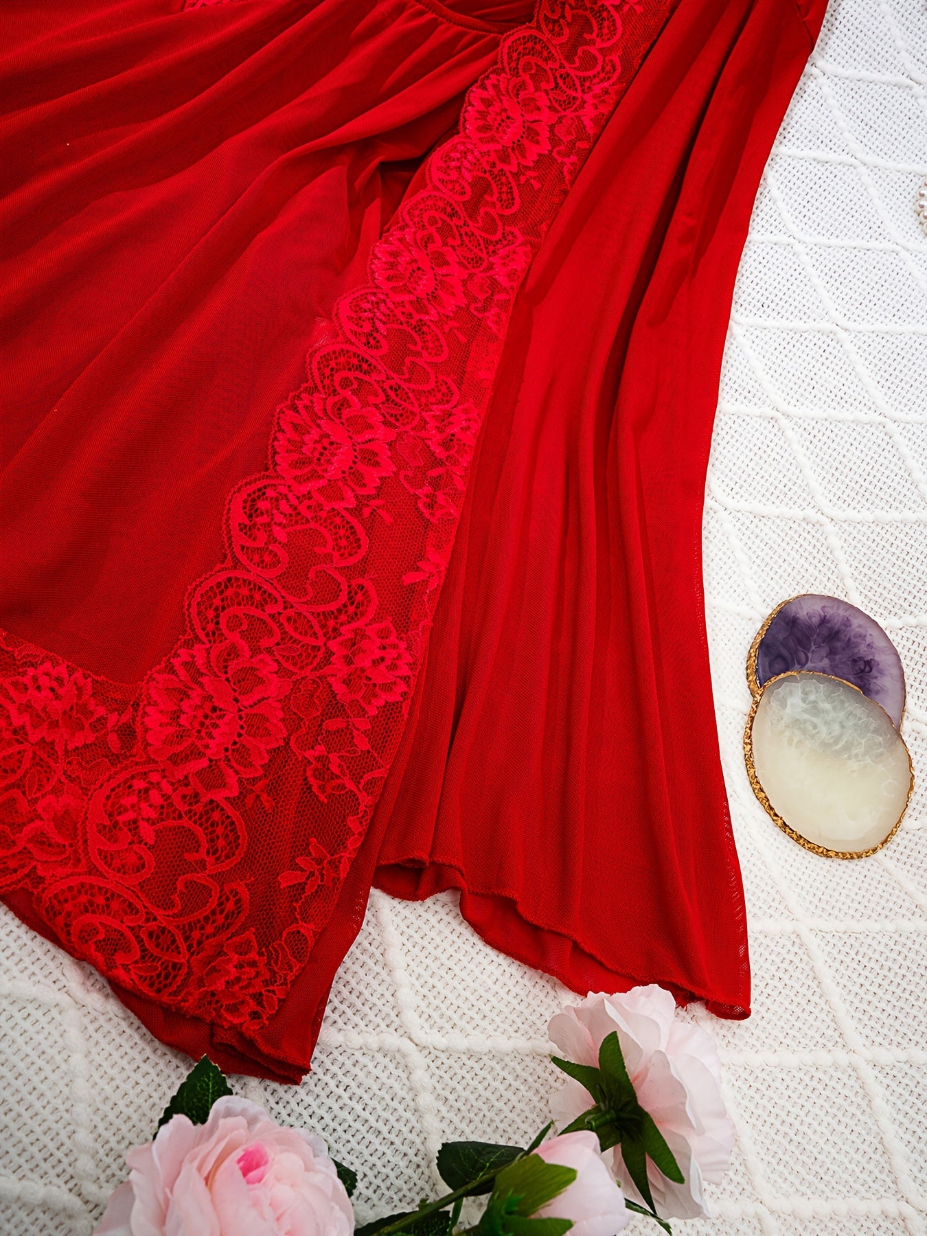 Elegant red lace-trimmed robe and slip dress set for women, semi-sheer with no padding.