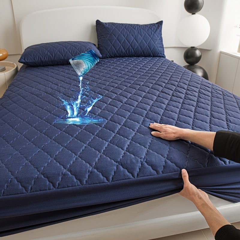 Diamond quilted waterproof bed sheet protector made of 100% woven polyester. Machine washable and available in multiple sizes (pillow shams not included).