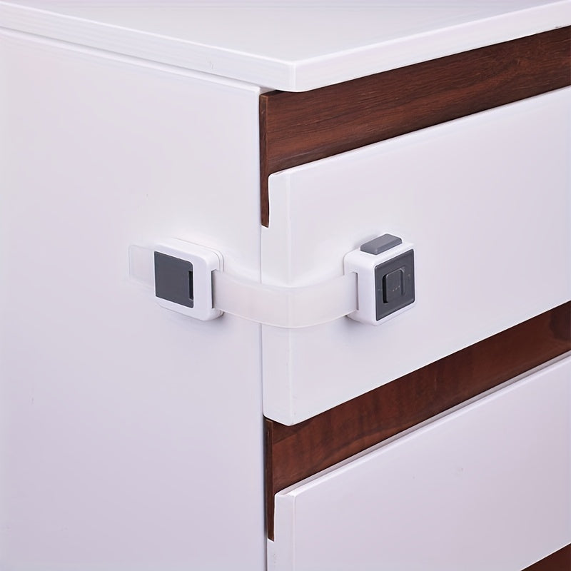 Multifunctional Safety Locks for Children, available in 1 piece, 2 pieces, 5 pieces, or 10 pieces. These locks are designed to prevent pinching and can be adjusted for use on cabinets and drawers. Made from Phthalate-Free Acrylonitrile Butadiene Styrene