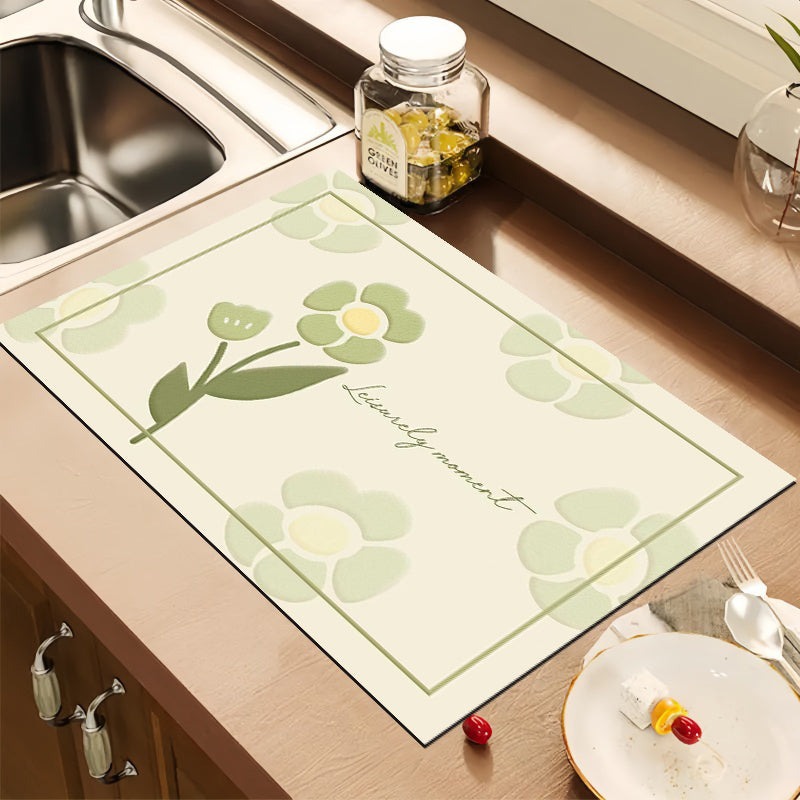 Floral Pattern Polyester Drying Mat for Kitchen, Absorbent and Multipurpose - Ideal for Dish Draining, Coffee Machine, Countertop Protection, and Bathroom Use.