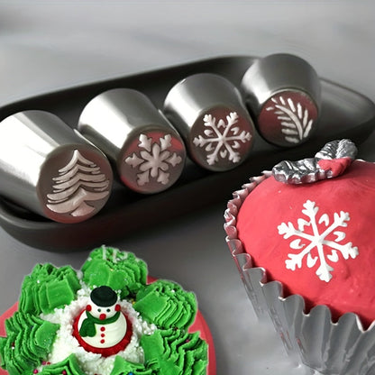 Set of 4 Stainless Steel Icing Piping Nozzles featuring Snowflake, Christmas Tree, and Leaf Designs for Cake Decoration and Festive Baking Essentials