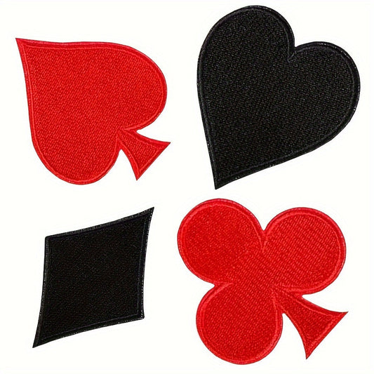 Set of 24 Iron-On Poker Patches for Halloween Costumes, Embroidered Polyester Patches featuring Red and Black Hearts, Spades, and Clubs, Ideal for Jeans, Hats, Bags, and Clothing