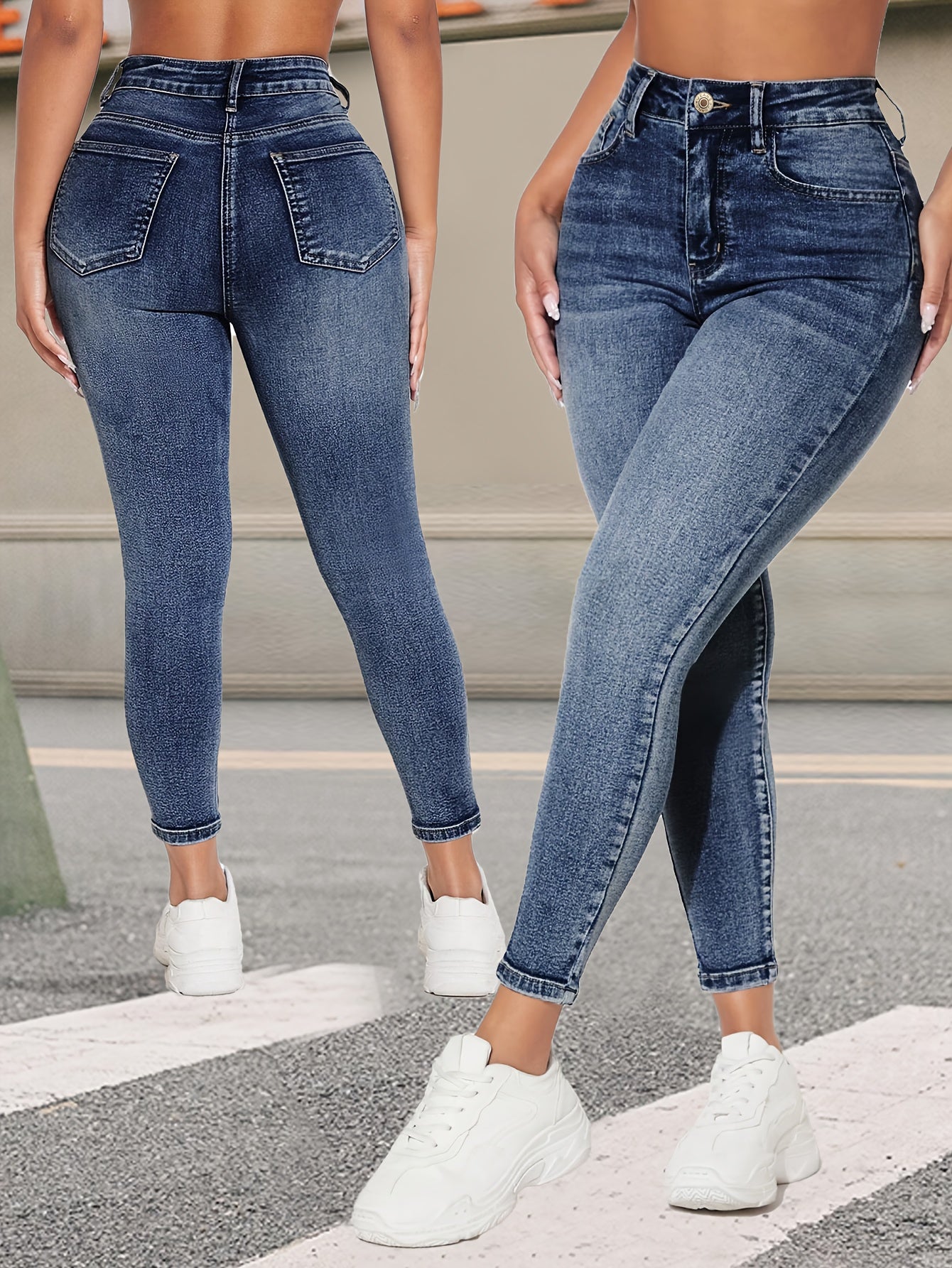 Women's Vintage Blue Stretch Skinny Jeans made with high-quality, durable denim featuring slash pockets. Suitable for all seasons.