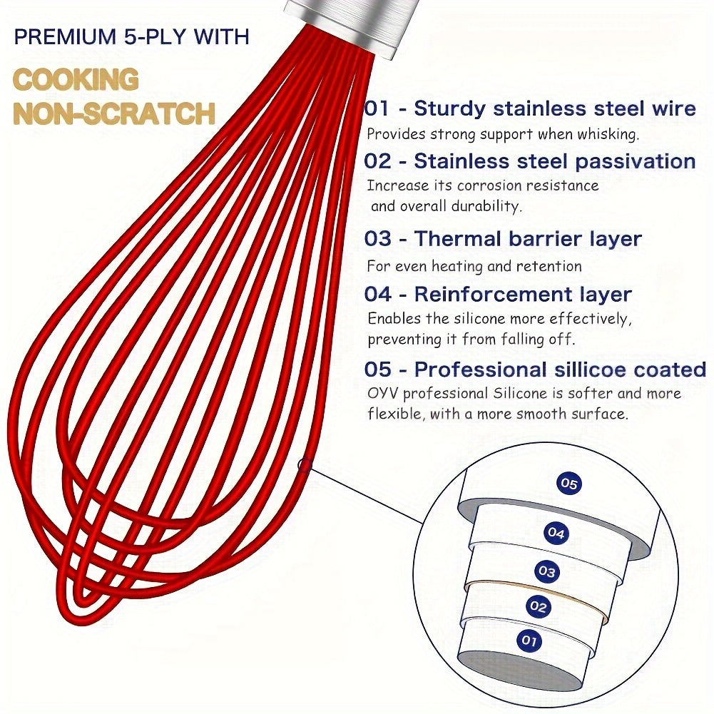 High-Quality Silicone and Stainless Steel Whisk - Safe for use on Nonstick Pans, Heat Resistant - A Must-Have Kitchen Tool