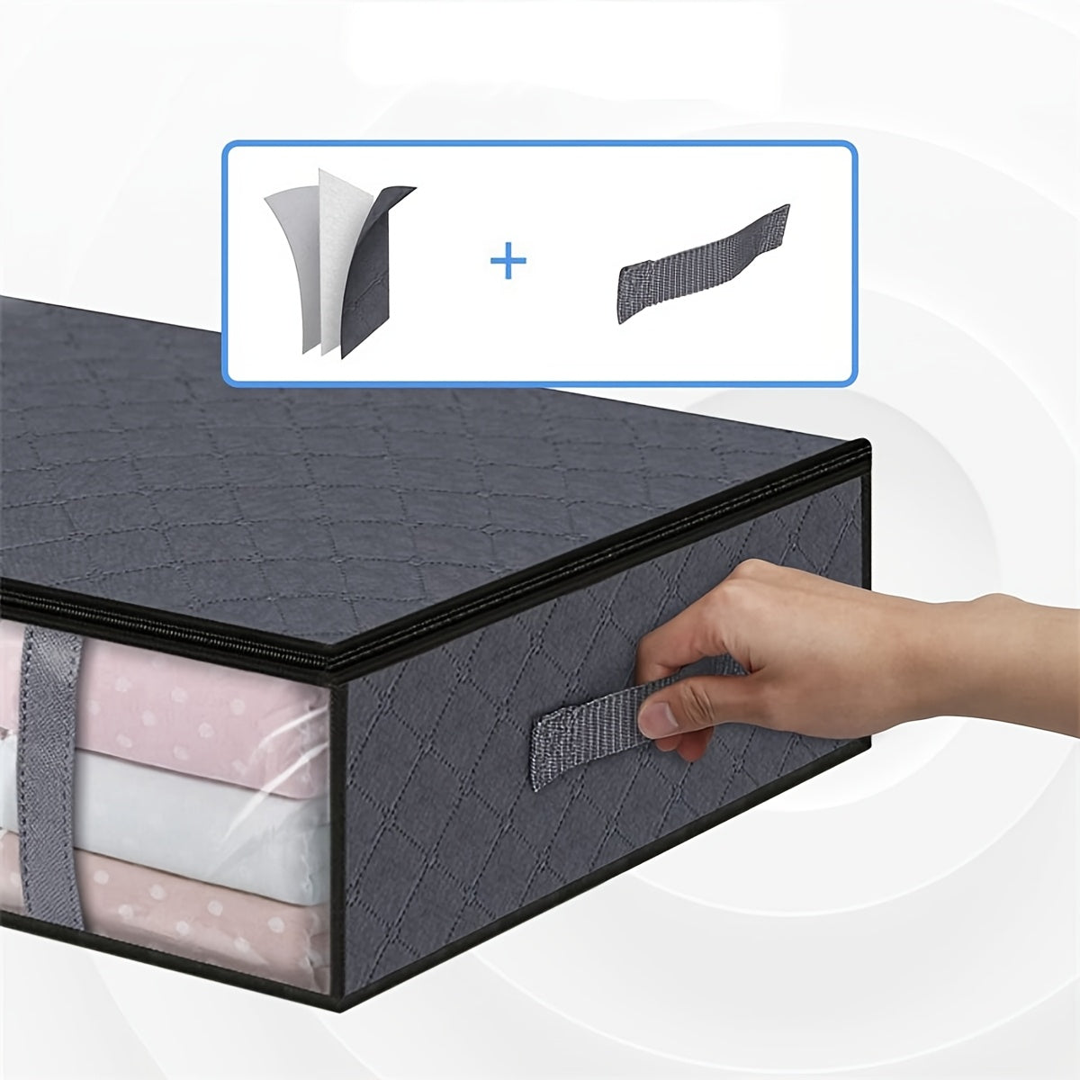 Underbed storage solution includes 2pcs/1pc moisture-proof plastic window underbed storage bag, non-woven clothes organizing bag, and blanket storage with handle. Perfect for organizing clothes and blankets in your bedroom and maximizing under-bed