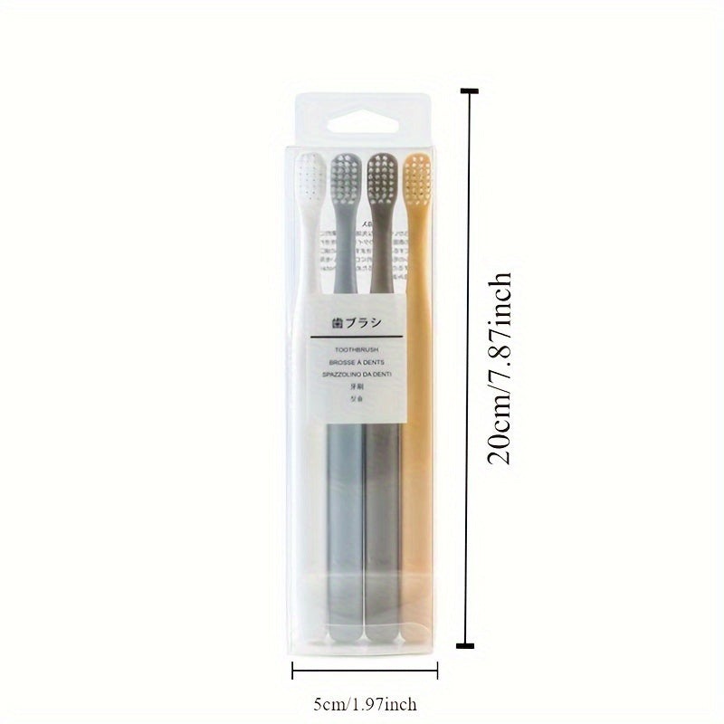 4 Macaron toothbrushes with soft bristles, bamboo charcoal handle, gentle on gums, deep cleaning dental care.