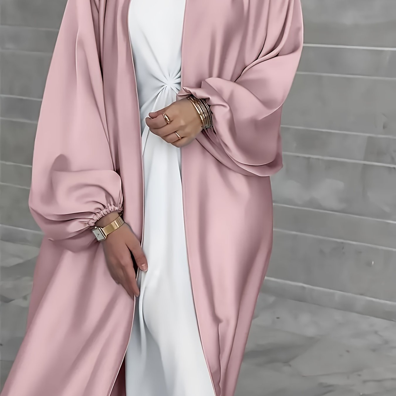 Long, elegant dress with puffed sleeves, slit hem, belt, and regular fit suitable for all seasons. Made of solid color, non-stretch polyester.