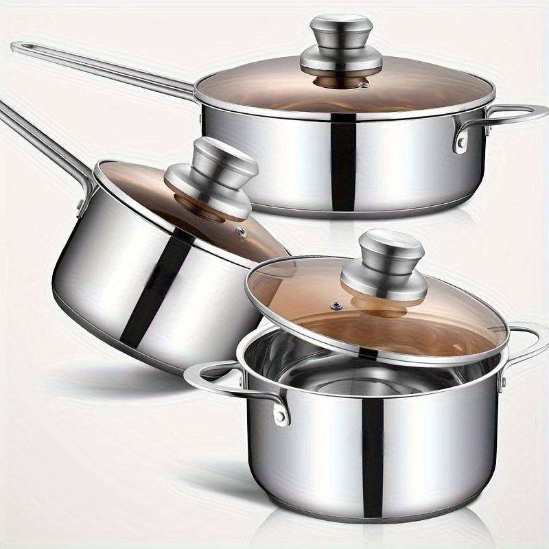 6-piece stainless steel cookware set featuring 304 premium quality, a triple-layered base, clear glass lid, and a complete kitchen cooking pots and pans set.