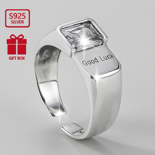 An elegant open ring designed for women, weighing a total of 4.6g, crafted from high-quality 925 sterling silver. This ring boasts a vintage and one-of-a-kind design, adorned with synthetic zirconia in the shape of a lucky square. Perfect for