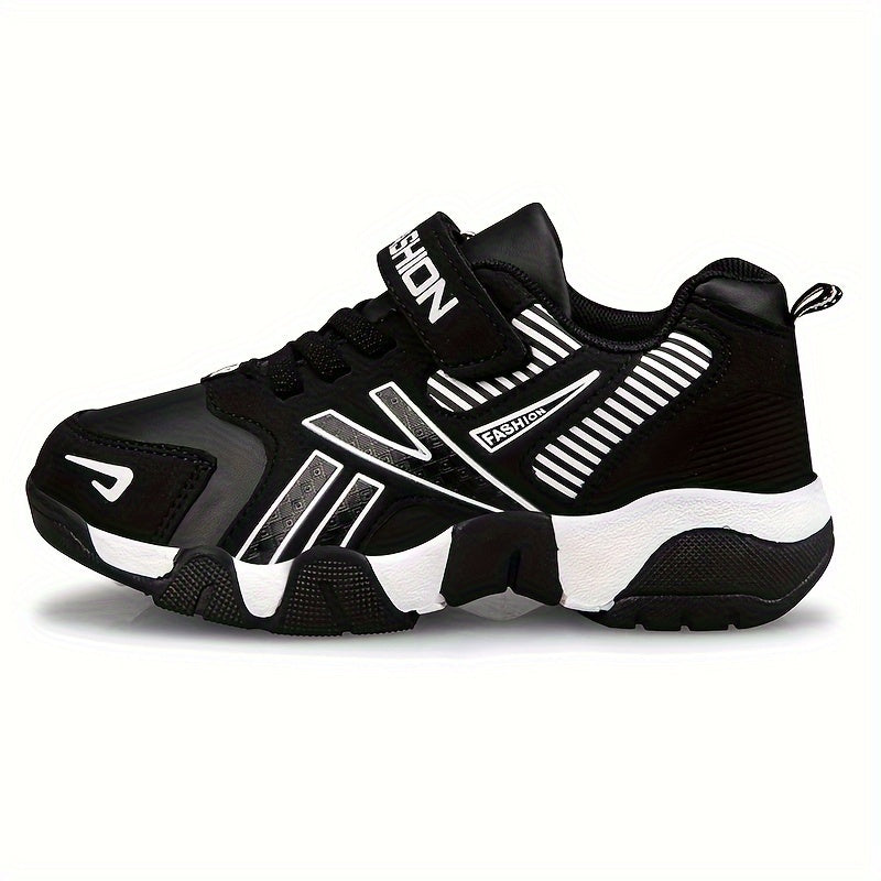 Boys' fashion athletic sneakers with geometric pattern, adjustable closure, PU upper, fabric inner, rubber sole, and round toe. Suitable for age 14 and under.