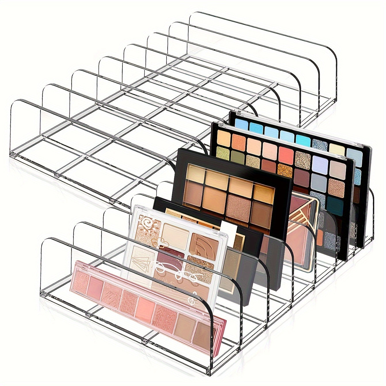 Plastic makeup palette organizer with wave divider, countertop storage rack for cosmetics. Compact and lightweight, under 68.58 cm tall. Stores multiple makeup palettes.