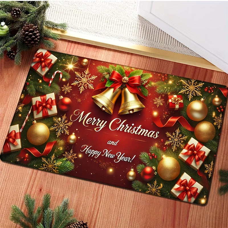 Christmas Doormat made of luxurious plush material, 1.2cm thick and non-slip. Festive red with golden bells and snowflakes design. Absorbent and machine washable, suitable for living room, bedroom, kitchen, office, laundry area, and as a Christmas floor