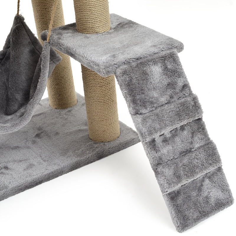 Multi-level cat tree with enclosed house, solid wood tower, sisal rope scratching posts, plush wrapped platforms, and interactive playhouse for cats. Great for durable and healthy paw care