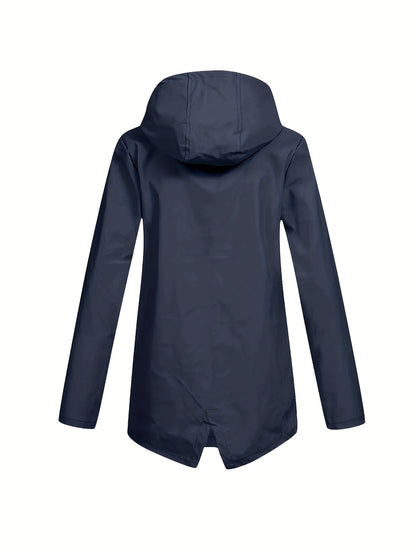 Women's hooded windbreaker jacket made of 100% polyester with button details. This non-stretch woven fabric jacket is perfect for fall/winter, providing insulated warmth for cold weather.