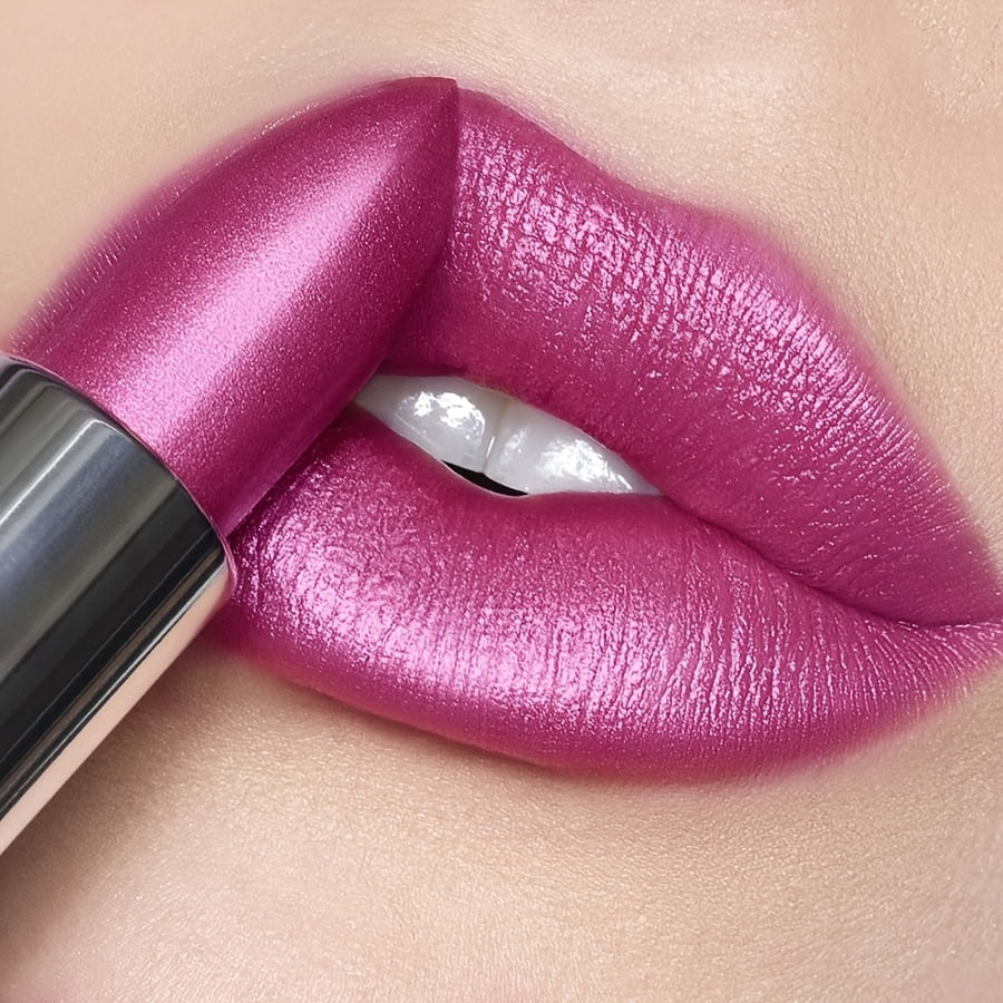 Long-lasting waterproof lipstick with pearlescent, non-sticky formula and colorful sparkles, perfect for beginners.