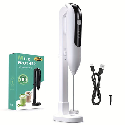 USB rechargeable handheld blender for coffee, lattes, and matcha with a portable electric milk frother. Comes with whisk attachment and stand.