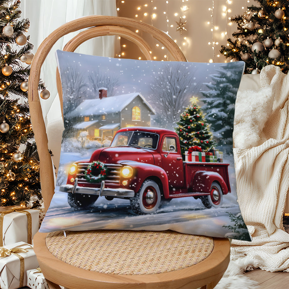 Get into the holiday spirit with our Christmas-themed throw pillow cover! This 1pc knit fabric polyester cushion case features a charming red truck and tree print, perfect for adding a festive touch to your sofa, bed, or car. The contemporary style