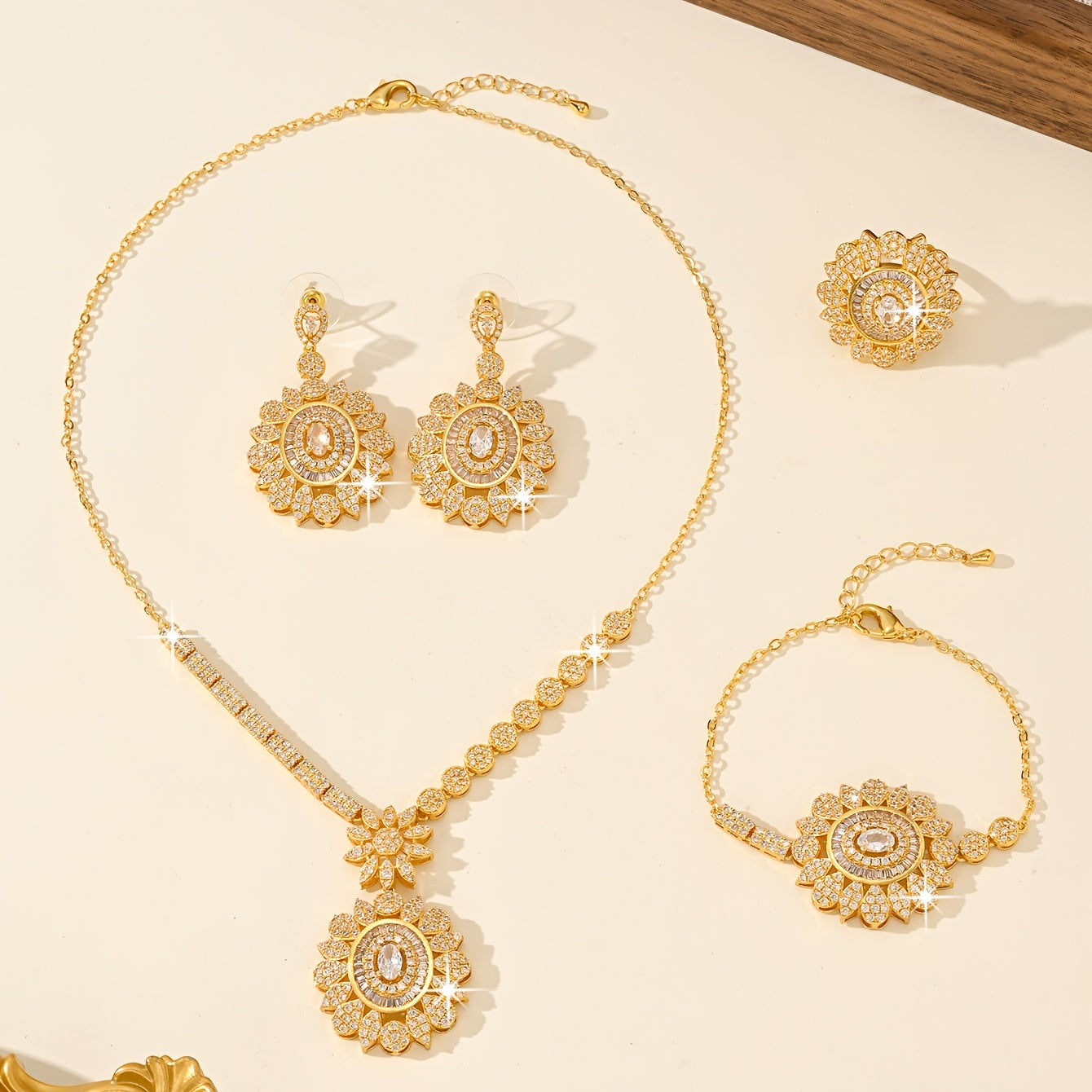 Luxurious Sunflower Design Bridal Jewelry Set, 5 Pieces, Made with 18K Gold-Plated Copper and Natural Zirconia, Synthetic Stones. Perfect for Daily or Wedding Wear, Great Gift for Loved Ones.