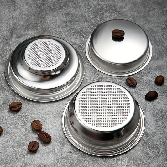 Set of reusable stainless steel coffee filters for espresso machines, includes 51mm non-pressurized basket for 1 cup, 2 cup, and 4 cup capacity.