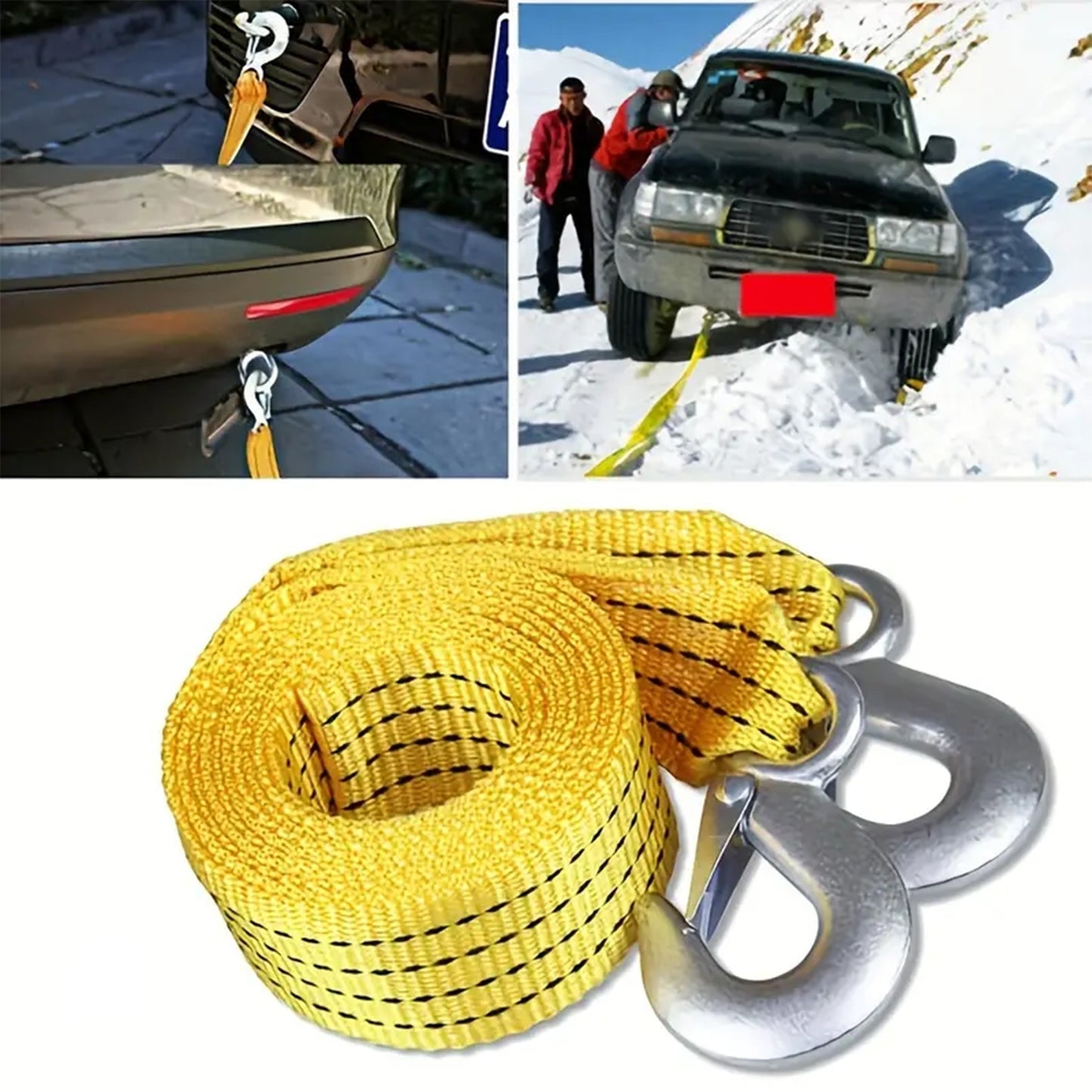 1pc Heavy Duty Iron Tow Strap with Hooks, 4m Length, 3 Ton Capacity for Secure Vehicle Towing.