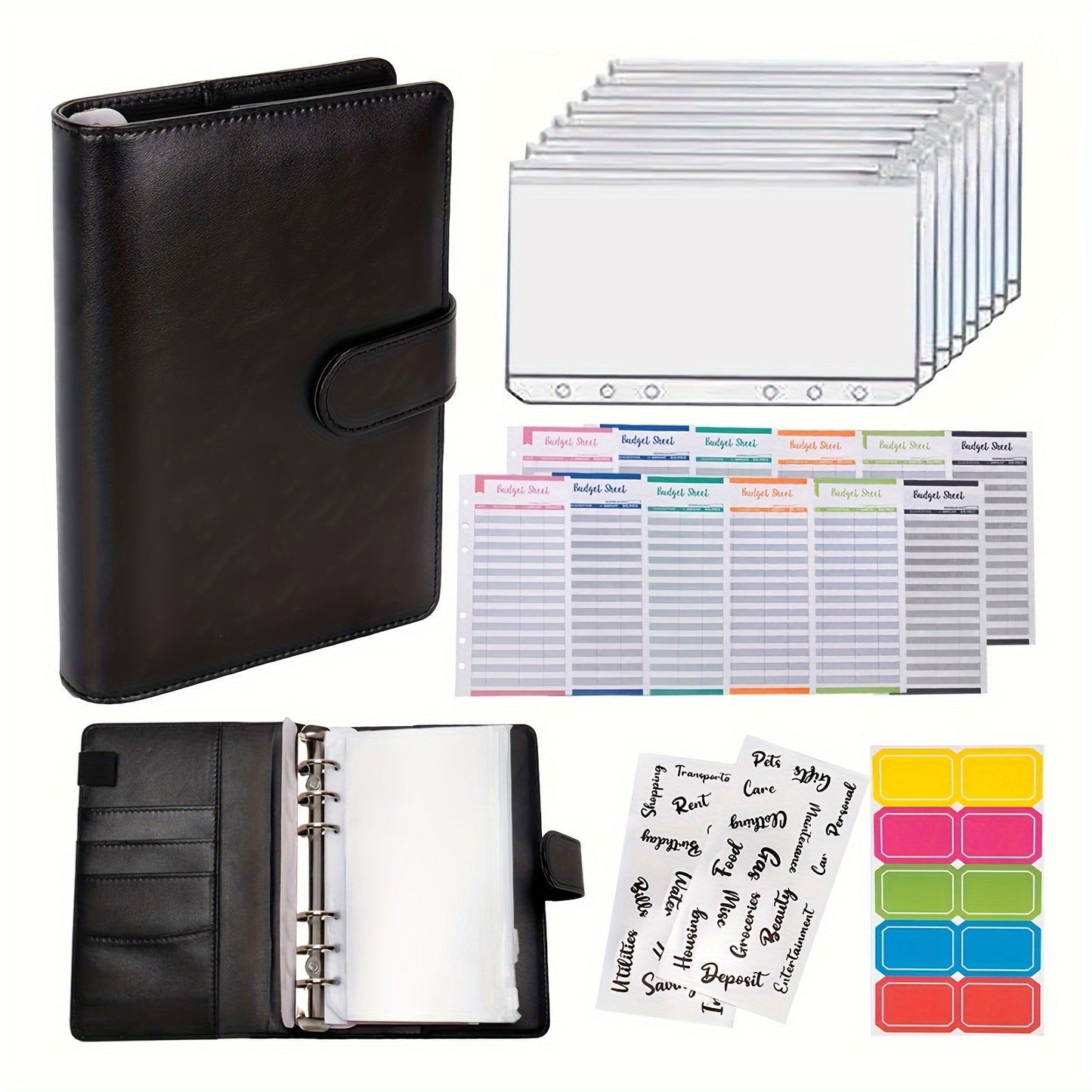 Budget binder with cash envelopes for organizing money in faux leather A6 binder with zipper.