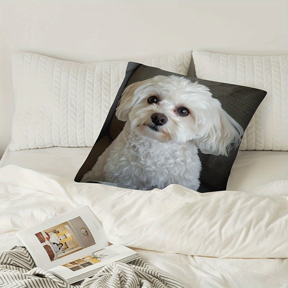 White dog sofa pillow cover with a chic design, made of soft short plush material. Features a double-sided design with zipper closure, ideal for Valentine's and Christmas decor. Insert not included.