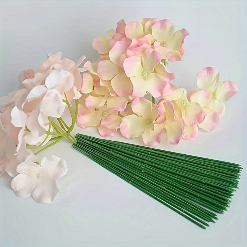 Plastic-coated iron stems for artificial flower head sticks, ideal for wedding decor. Available in packs of 50, 100, or 200.