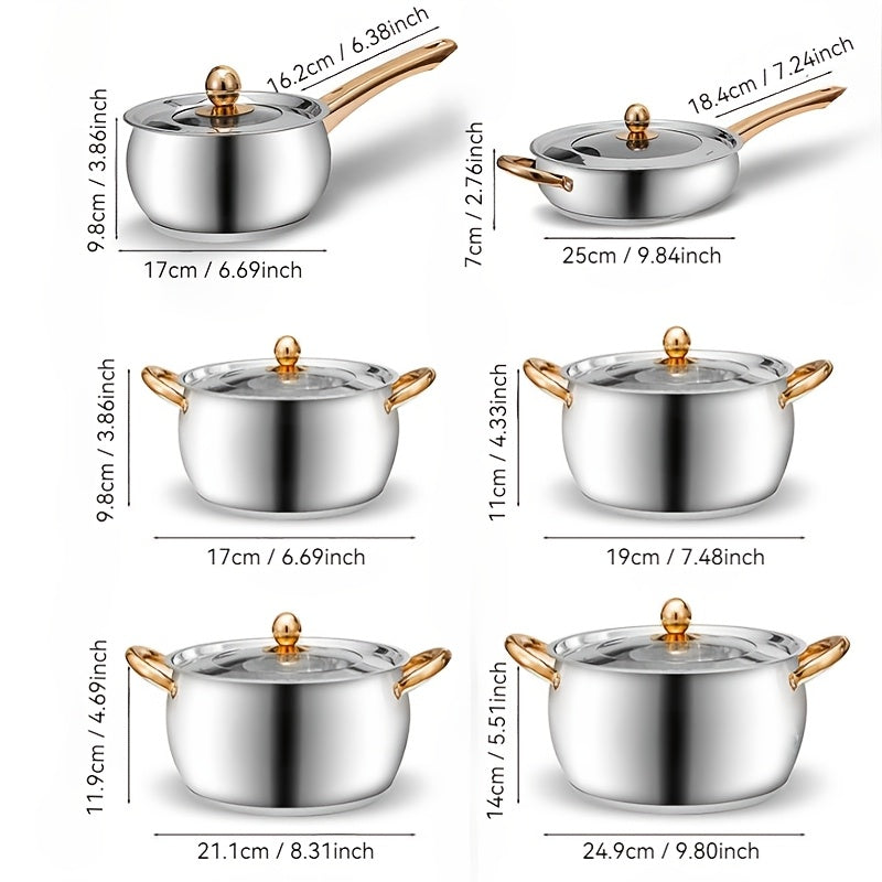 Stainless Steel Cookware Set with 12 Pieces and Golden Handles, Featuring 6 Sauce Pans with Glass Lids, High-Quality and Stylish Kitchen Necessities