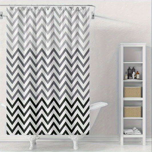 Chic black and white chevron shower curtain - waterproof, machine washable, includes hooks, ideal for any bathroom décor.