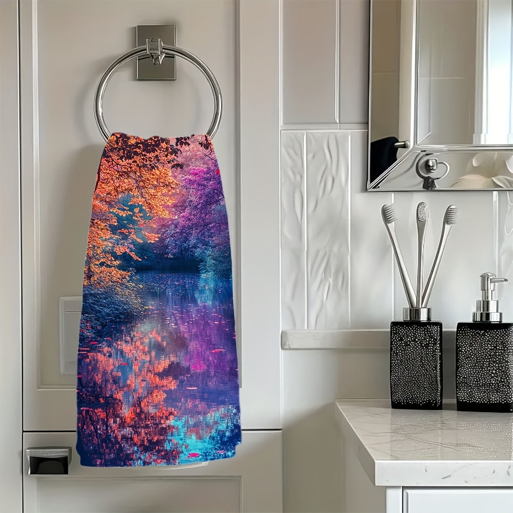 2 Ultra Soft Kitchen Towels featuring a Vibrant Autumn River Scene - Highly Absorbent, Machine Washable Dish Hand Towels, measuring 40.64x60.96 cm - Perfect for Holiday Decor and as Dish Towels.